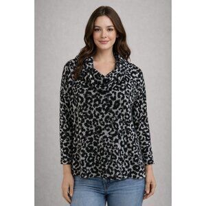 Ruby Red Leopard Animal Print Cowl Neck Top Sz L Soft Gray Black 3/4 Sleeve